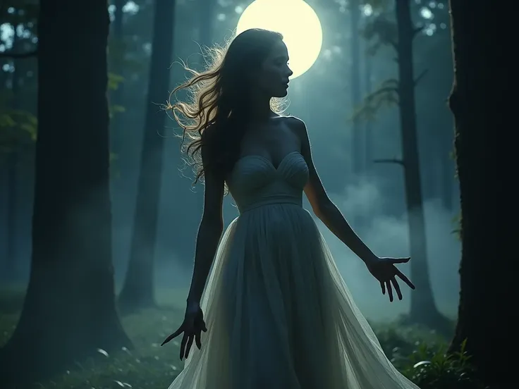 A beautiful woman in an ethereal dress, standing under the full moon in a dark, eerie forest. Her expression shifts between pain and exhilaration as her body morphs: her hands elongate into clawed, furry paws, and her face begins to stretch into a wolf’s s...