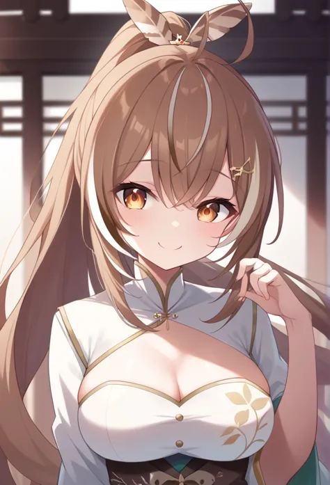 1 girl、 virtual youtuber、hololive、seven poems、brown hair、long hair、hair accessories、超long hair、 brown eyes 、breast、茶色羽のhair acce...