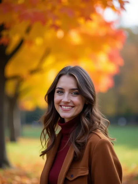 Portrait taken in a corner of a park on a calm autumn afternoon. Colourful autumn leaves spread out in the background. A pretty young woman with a very attractive smile is strolling along, dressed in stylish autumnal fashion. The natural light softly illum...