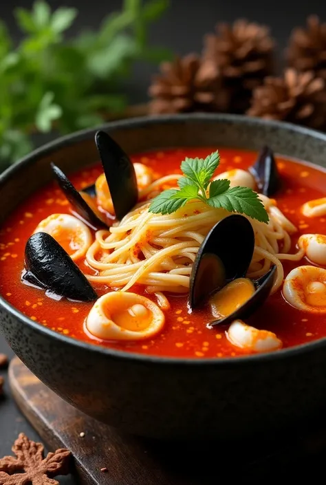 Red spicy soup with mussels, clams, pine cones, squid, and udon noodles