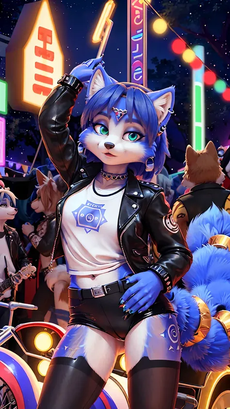 a picture of ((krystal)), Star Fox-Krystal, lovable, green eyes, ((( long blue hair 1 .3))), Decollete, anthro, Fuzzy,  detailed Fluffys fell,  detailed face, (Fluffy),  1 girl, Alone,  wearing red glasses ,  She is wearing earrings and strings .  she is d...