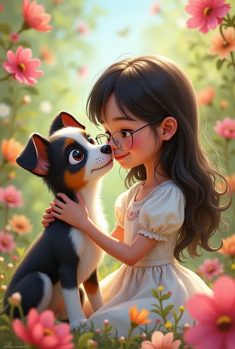 I want a picture-like portrait of a Pincher puppy in white, black and brown color and next to it a girl caressing him with black hair, glasses and white glasses and a white dress with lots of flowers in the background.