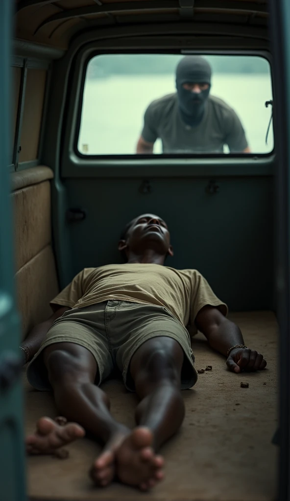 photo dun jeune homme  africain teinte noire,  dressed in a simple beige T-shirt and shorts ,  the young man passed out lying on the inside of a van ,  next to the right is a masked man in a balacoul as a band-napper so on the left, realistic, detailed