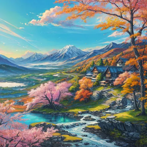 山小屋と小川のある山のLandscape painting, Detailed painting 4k,  beautiful art UHD 4K , Landscape painting 詳細, Rich, painterly colors,   Vivid Gouache Paintings Scenery  , カラフルなLandscape painting, Extremely colorful landscape , Autumn Mountains, Landscape painting, D...