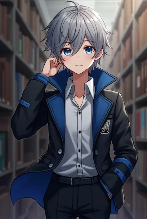 chico ((16 years old)), rowdy gray hair ,  greyish blue eyes with school uniform ,  white shirt , black jacket with blue details and a crow emblem,  and black dress pants with blue details. in anime style. in the library. sleepy