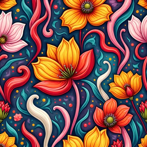  Create a seamless oil-painted pattern inspired by 70s design, featuring flower motifs, swirling shapes, and bold lines. The pattern should have 65% empty space."