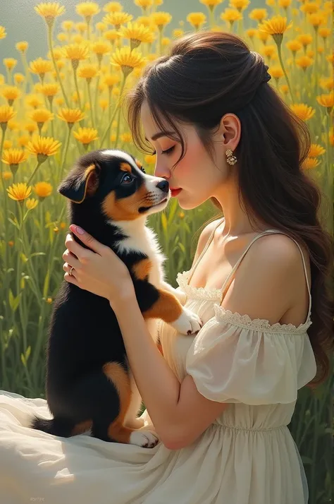 A realistic-style painting of a small black, white and brown puppy being caressed by a black-haired woman wearing black, white-skin lenses wearing a white dress and yellow flowers in the background