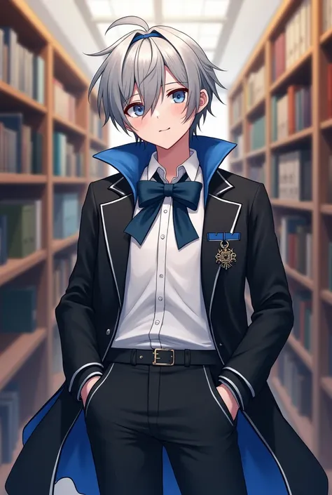 Friday, November 8 ,  2024
Variations
boy  ((16 years old)), rowdy gray hair ,  greyish blue eyes with school uniform ,  white shirt ,  black coat with blue details and a crow emblem,  and black dress pants with blue details. in anime style. in the library...