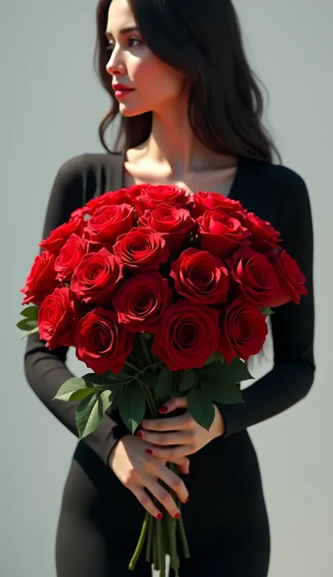 (photorealism:1.2), In the image, a woman is seen standing in profile, not showing her face, but showing her upturned, straight and delicate nose. She is holding a large bouquet of red roses. The woman has long, dark hair that falls down her back. She is w...