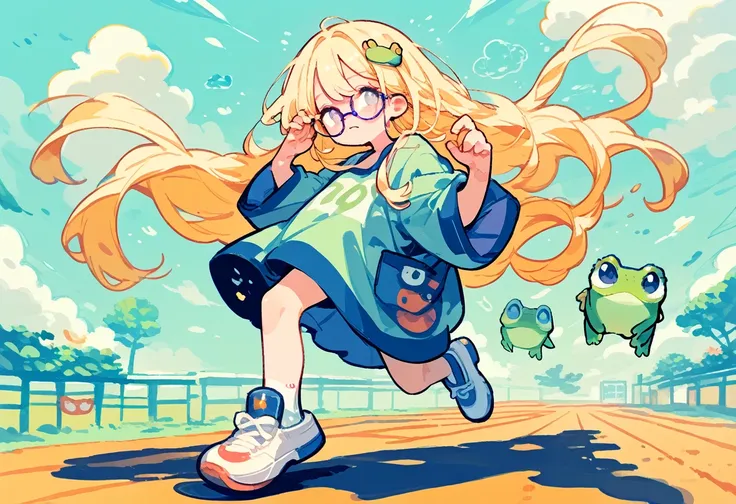  frog shirt  ，Robe， White Running Shoes ， blonde long hair　Glasses　High school girl　cute　Science、