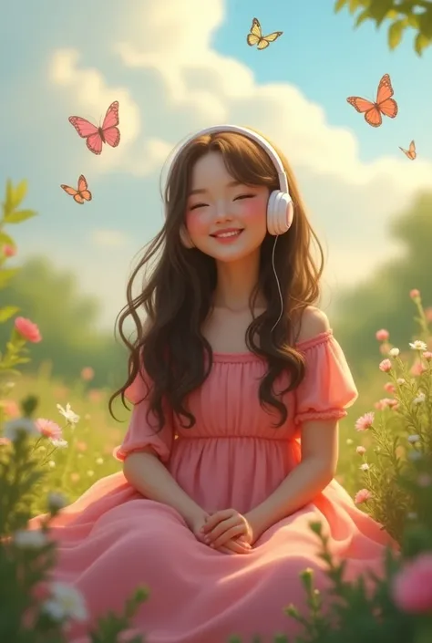 Happy and smiling girl teenager skin color brunette long black hair without china or capul, long pink dress covering shoulders and chest since she is evangelical,  sitting half way down listening to music and watching very beautiful butterflies and the sky...