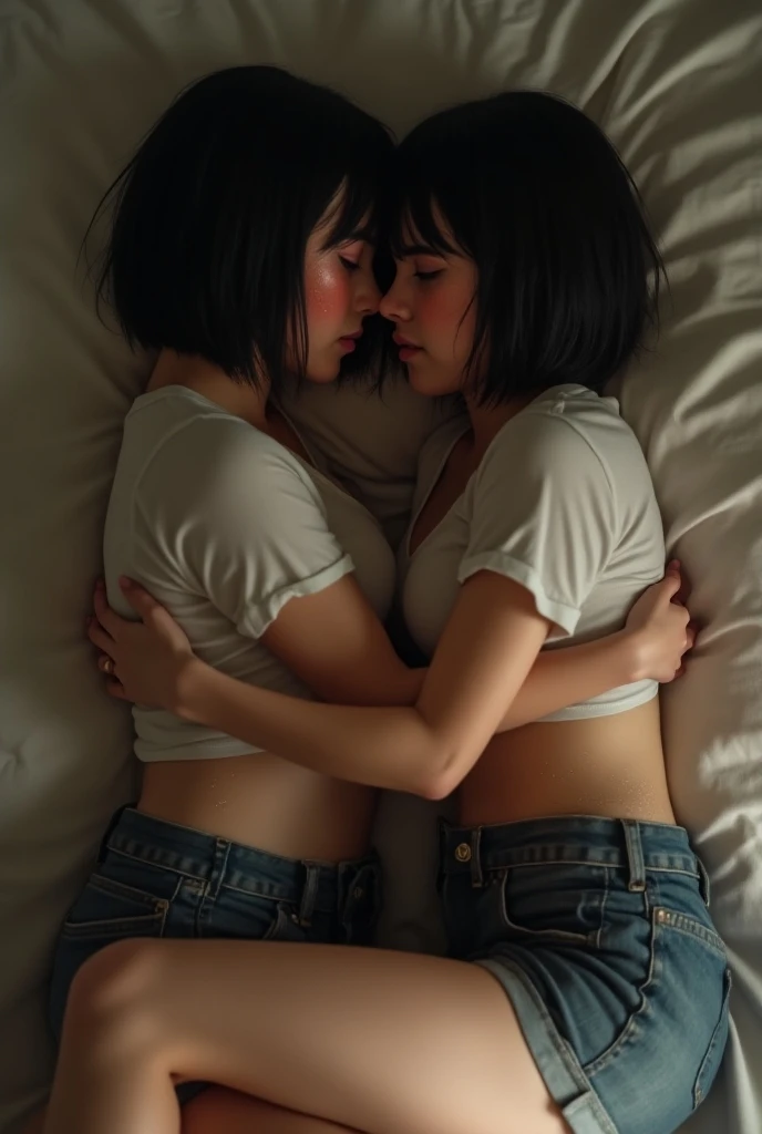 (Highest quality、Masterpiece、Very detailed、4K,), t-shirt、Denim shorts, Twin girls, black short Bob, making out, kissing, bedroom background, identical girls, garotas estão deitadas na cama uma em cima da outra, garotas suadas, roupas molhadas, garotas cora...