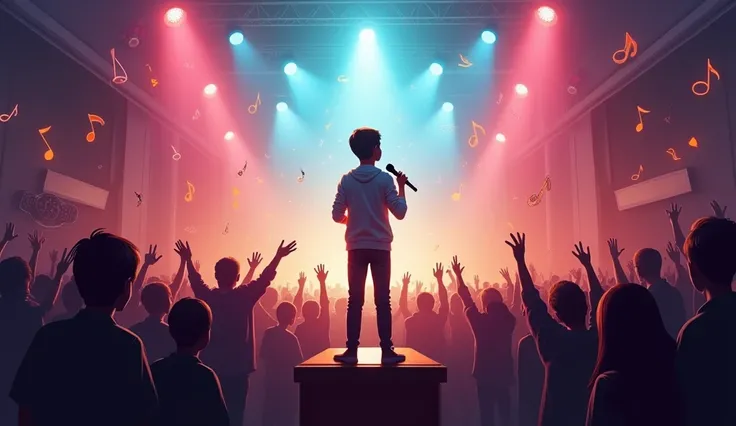 Create an image depicting a young boy taking his problem to the world of entertainment. The scene should show the boy standing on a stage, under bright spotlights, holding a microphone. He has a determined expression, sharing his story with an audience. Th...