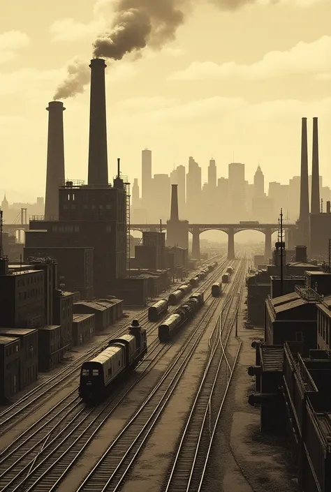 Create a historic illustration of the Carnegie Steel companys industrial complex, with smokestacks, factories, and railroad tracks in the foreground, and a cityscape or Pittsburgh skyline in the background, in a nostalgic sepia tone."