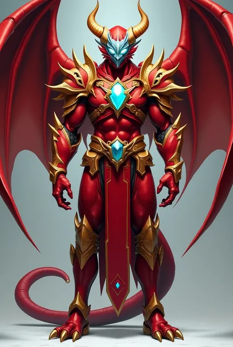 A red armor ,  he has a light blue visor that covers a large part of his face and some horns that sprout where he ends ,  the base of his horns is light blue and the rest of the gold ,  is thin and has horns on his shoulders as well as straps . .  and gold...