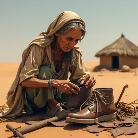 A old lady making a shoes with a old method she uses in a desert the looking to much frightened and alone but she is still working on her work which was she doing in a outside of her hut 🛖 same that hut 🛖 you make okay 