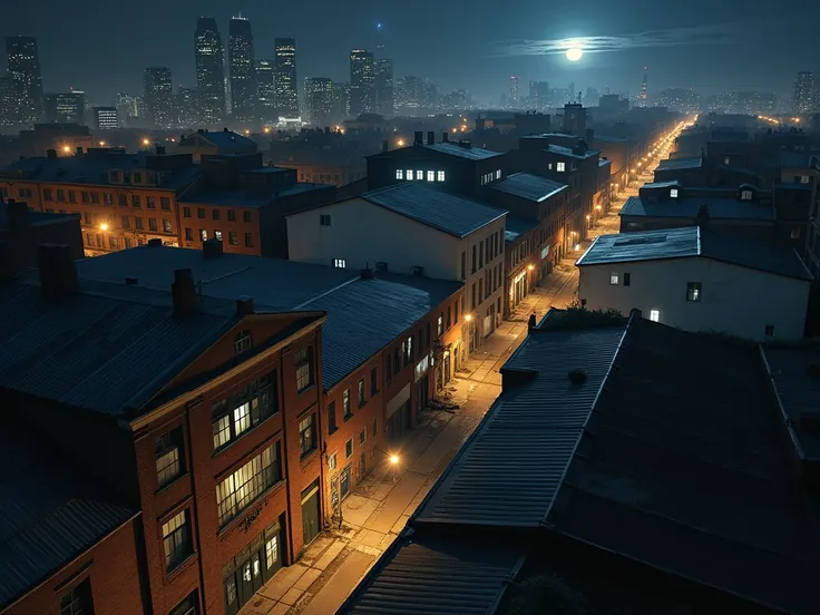 (masterpiece) (grunge) (best quality) highres, Wide shot - high elevation, looking down on an inner city industrial area, street lights illuminate the streets, warehouses with sawtooth-like roofs line a small street, large brick structures with roof made o...