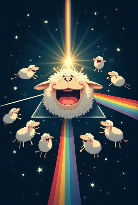 Create a parody illustration inspired by the iconic album cover The Dark Side of the Moon by Pink Floyd. In this version, depict the classic prism, but instead of a simple triangle, make it look like a cartoon sheeps face with a big smile. The light beam e...