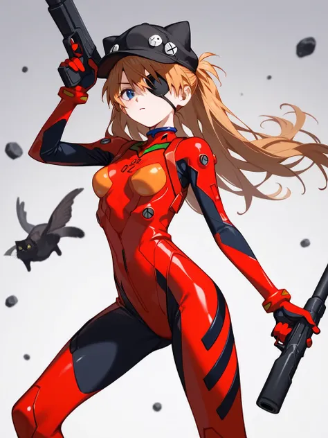  pixib 3DCG , Sexy anime style,     Anatomically Accurate, Super detailed,     High image quality    , 4K、movie、Neon Genesis Evangelion: New Movie、( Shikinami Asuka Langley)、(red、Plug Suit)Eye patch、(Cat hat、black)、Clear style、gun