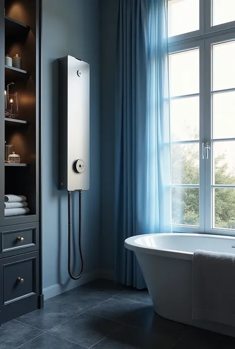 In a modern bathroom, there is a silver-gray water heater hanging on the wall, a French window with blue curtains next to it, and a beautiful view outside the window. There are many storage compartments in the dark cabinet, where some daily necessities are...