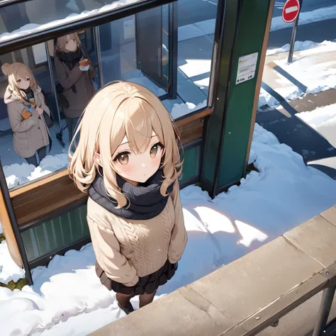 high resolusion, master piece, a lazy girl, cute, fluffy long beige hair, beige eyes, bus stop, muffler, knit dress, mountain parker, waiting, date, cold day, city, from above,