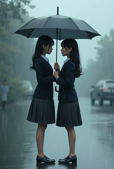 Two beautiful Korean women wearing school uniforms standing together in the rain. One is holding an umbrella and is noticeably taller at 59, while the other beside her is slightly shorter at 57. The taller woman shields both from the rain with the umbrella...