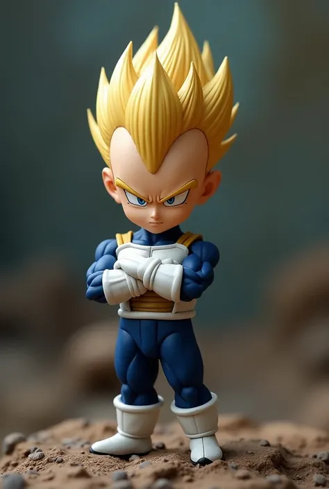 a small vegeta, with a serious face, with his arms crossed in the palm of his hand, with a blurred background