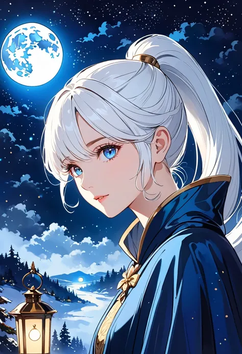 masterpiece, (best quality: 1.2), (very good: 1.2), illustration, (Extremely refined: 1.2), Film Angle, floating, (Beautiful eye for detail: 1.1), (Detail Light: 1.1), lamp, Exquisite sky, Miss, White hair, blue eyes, (High Ponytail: 1.1), cloak, Glowing e...