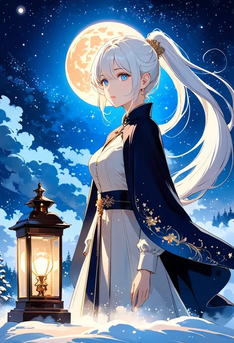 masterpiece, (best quality: 1.2), (very good: 1.2), illustration, (Extremely refined: 1.2), Film Angle, floating, (Beautiful eye for detail: 1.1), (Detail Light: 1.1), lamp, Exquisite sky, Miss, White hair, blue eyes, (High Ponytail: 1.1), cloak, Glowing e...