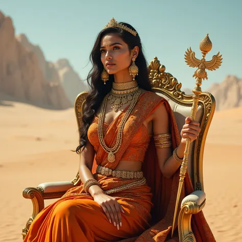 A beautiful lady in a desert and wearing a too much jewelry beautiful saree a stick of gold she holding her hand and sitting on gold chair in a desert 🏝️🏜️ makes it 