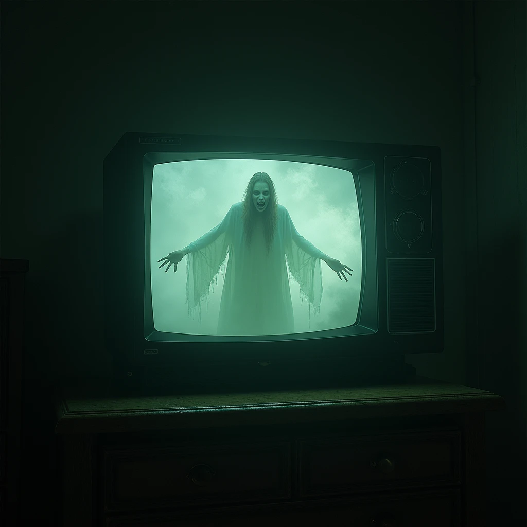 Spectre coming out of the TV, 2005. horror,  supernatural , Room, horror retro, panic, brutal 