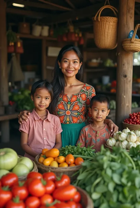 cinematic pictures of a gorgeous vegetables beauty woman with  two  boy and girl standing together ,at her stall in a traditional market place in Indonesia, insanely detailed and intricate, professional portrait photography