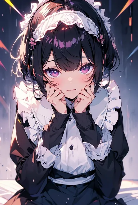 ((Maid服))、((Glare)),( Headdress)
 1 girl,  high resolution on down,  Glance , Maid、Black Hair、Cheek resting on hand、 exercise sitting、tongue,  open your mouth slightly ,  Disrespectful Eyes ,Devil Eye,  open your mouth ,  stares at you/ makes a disgusting ...