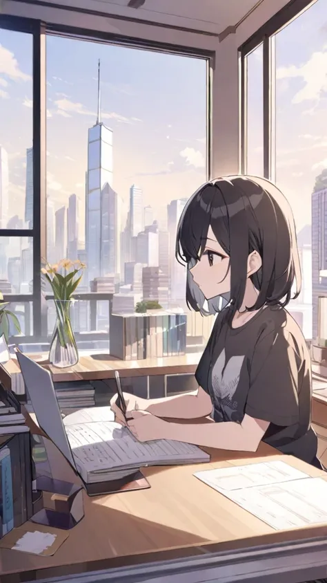 Black-haired.  Shes studying in her room wearing a loose t-shirt..  likes to drink coffee , 
 The room has large bookshelves and many vases .  has large windows .、 from there you can get good views of tall buildings., Busy desk 