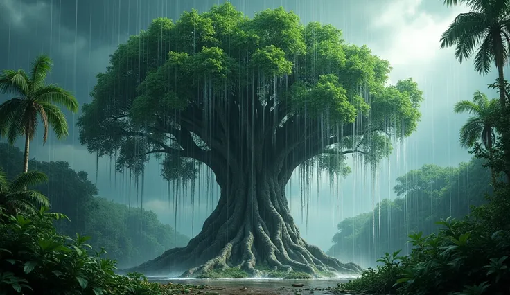 Generate 3d animated image of a big Banyan tree fall down to ground because of heavy rain