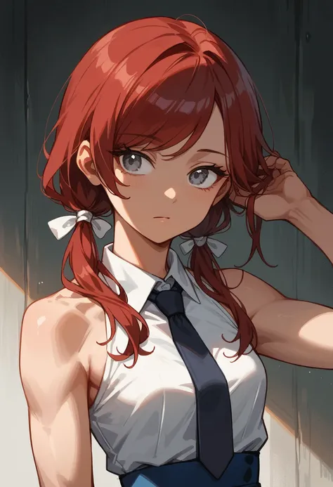 (masterpiece, best quality), 1girl, stoic, looking to the side, hand in hair, beautiful face,  ((Gray eyes, Dark red hair, swept bangs, low twin tails)), white ribbons, sleeveless halter neck white collared shirt, dark blue necktie, dark blue skirt, small ...