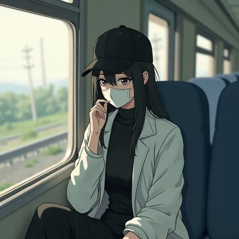 A stylized digital illustration of a woman with long dark hair sitting by a window. She is wearing a black cap and a white mask, dressed in a casual white jacket over a black outfit. The background shows a blurred outdoor scene, as if she is traveling on a...