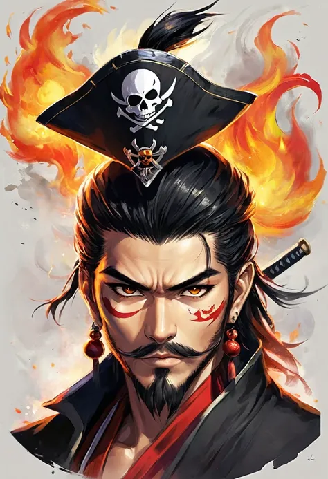 Description: Kaito Kaizoku is a captain with a burning passion for adventure and a free spirit. He has shaggy black hair, a striking pirate hat, and piercing eyes. His Zanpakutō, "Fire Fruit," is a katana with a reddish blade and a jeweled hilt, 8k high de...