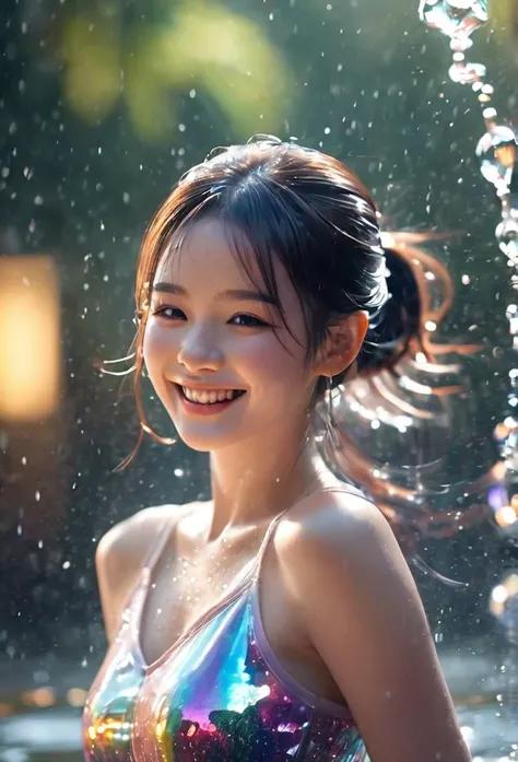  1 girl，beautiful，Glittering， Motion Blur ，Water Drop，Cinematic lighting effects、smile、happiness/joy
