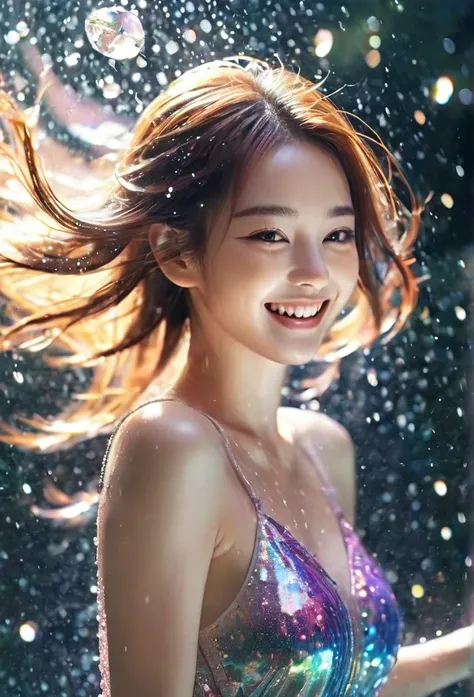  1 girl，beautiful，Glittering， Motion Blur ，Water Drop，Cinematic lighting effects、smile、happiness/joy
