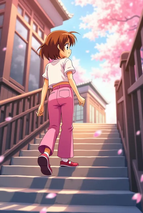 Sakura card captor can be seen wearing pink pants on a staircase 