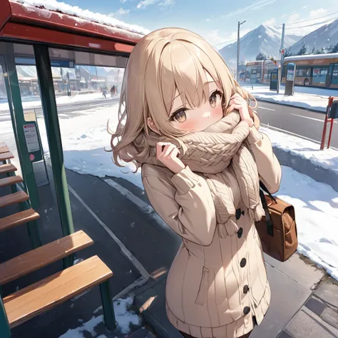 1 girl, solo, high resolusion, master piece, a lazy girl, cute, fluffy long beige hair, beige eyes, bus stop, muffler, knit dress, mountain parker, waiting, date, cold day, city, from above, covering ears,