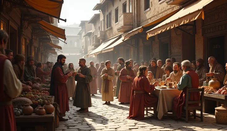 "Imagine a time 1500 years ago, where people are sitting in markets, drinking wine." Realistic 