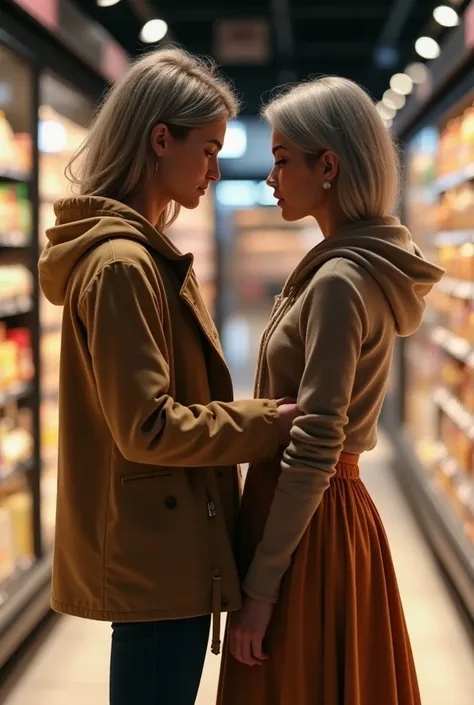 A photorealistic scene of a white girl in conservative attire (body contour) checking a food item label, her back to an older graying black woman in comfortable loose hoodie, the black woman is playfully grasping the white girls skirt fabric covered Glutea...