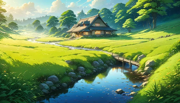 house in a field with a stream running through it, idyllic cottage, peaceful landscape, soothing and cozy, Light, Shadow, mysterious, beautiful, Contrast, dynamic, nature,beautiful Anime Scenery, Landscape painting, Beautiful digital painting, Andreas Roch...