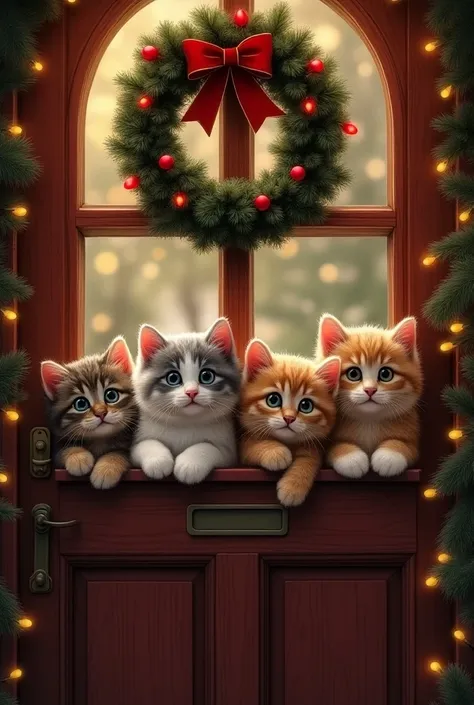 4 Christmas cats on a door peeking out the windows