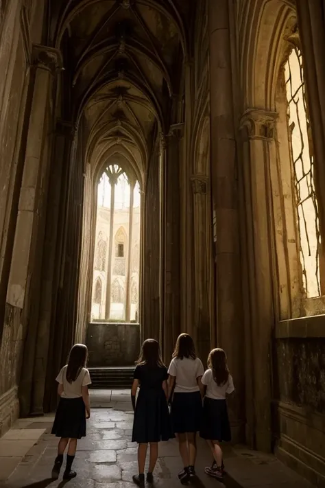 Two 15-year-old girls and a 9-year-old girl explore the abbey , Dark atmosphere,  Spooky Places,  Darkness, Spooky Shadow,  medieval frescoes with ancient ruins on the wall
