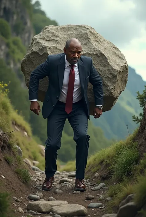 black businessman pushing a boulder up a hill with a determined look on his face