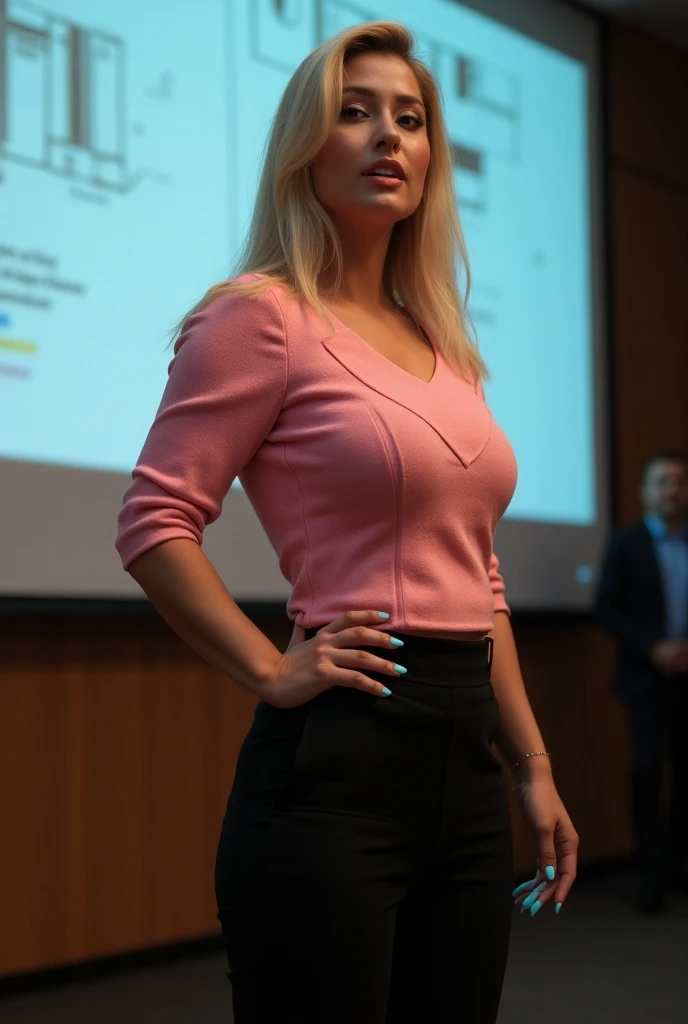 Foto realista.  A 20-year-old blonde Guatemalan lady wearing black pants , very tight pink formal wool blouse that highlights her big breasts and super high sky blue heels, in an academic presentation  