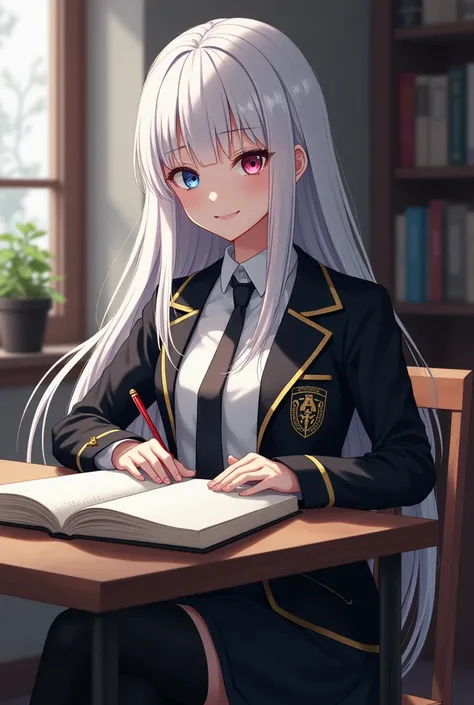 girl ((16 years old)), Long straight white hair ,  heterochromatic blue and red eyes .  with school uniform white shirt ,  black jacket with gold details and a raven emblem,  black pants with gold details . Studying. concentrated